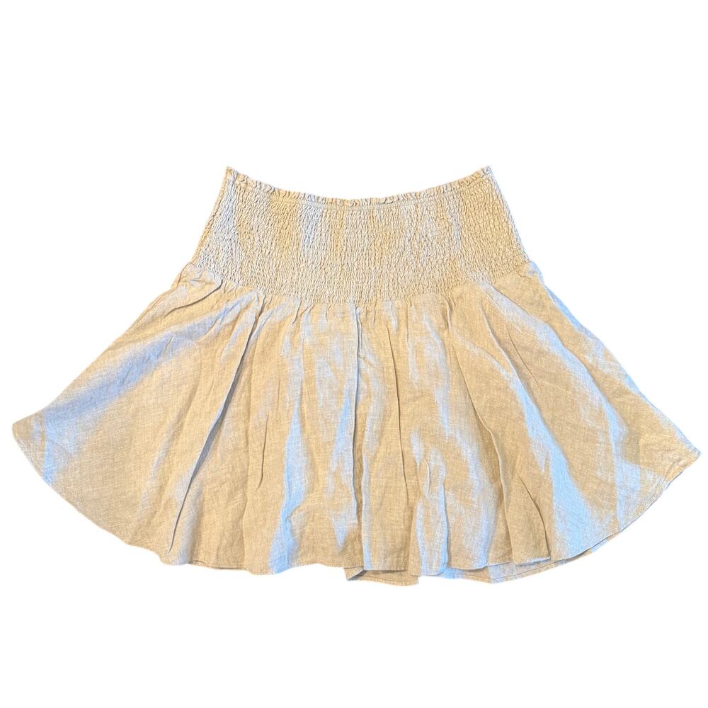 NWT J.Crew 100% Linen Smocked Waist Mini Skirt Flax Beige Large Preppy Luxe